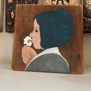 Vintage American Folk Art Painting On Wood Of A Girl‎